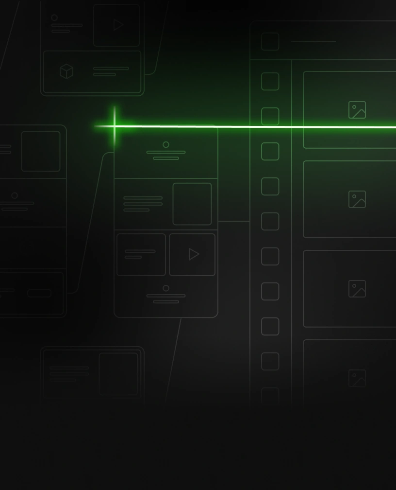 Glowing green horizontal line crossing a dark background with faint outlines of digital interface wireframes.