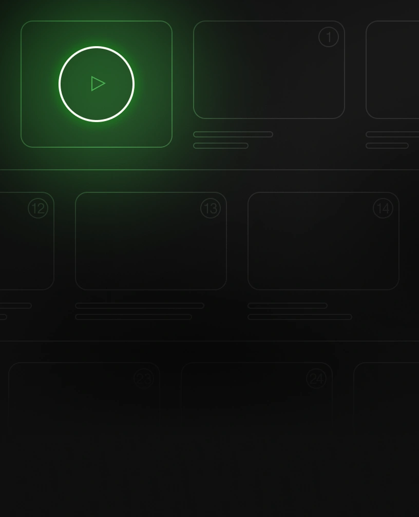 Dark interface with multiple rectangular video thumbnail outlines, one highlighted in green with a white play button in the center.