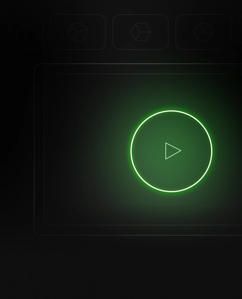Glowing green circular play button with a triangle play icon in the center on a dark background.