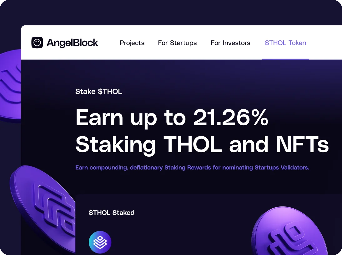 AngelBlock webpage section promoting staking THOL tokens and NFTs with earnings up to 21.26%, showing menu options and purple digital coins.