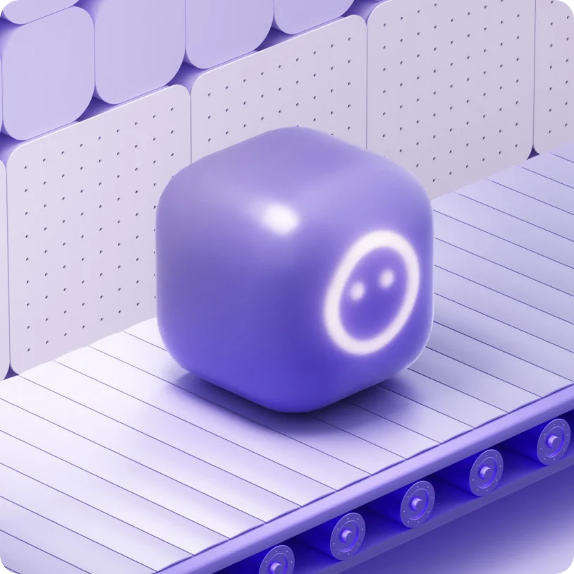 Purple rounded cube with a glowing smiley face on a conveyor belt against a background of textured panels.