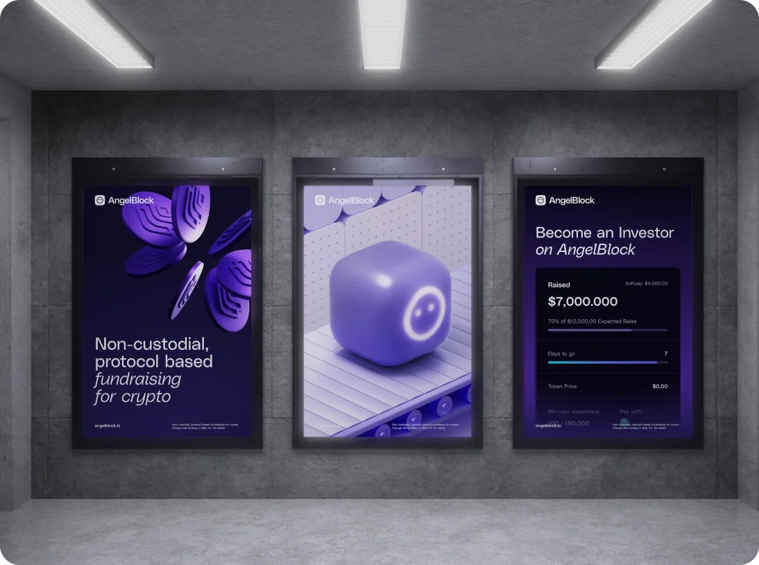 Three illuminated posters on a gray wall promoting AngelBlock: left shows purple crypto coins with text about non-custodial fundraising, center features a glowing purple cube with a smiling face on a conveyor belt, right displays investment details with $7 million raised and a $0.50 token price.