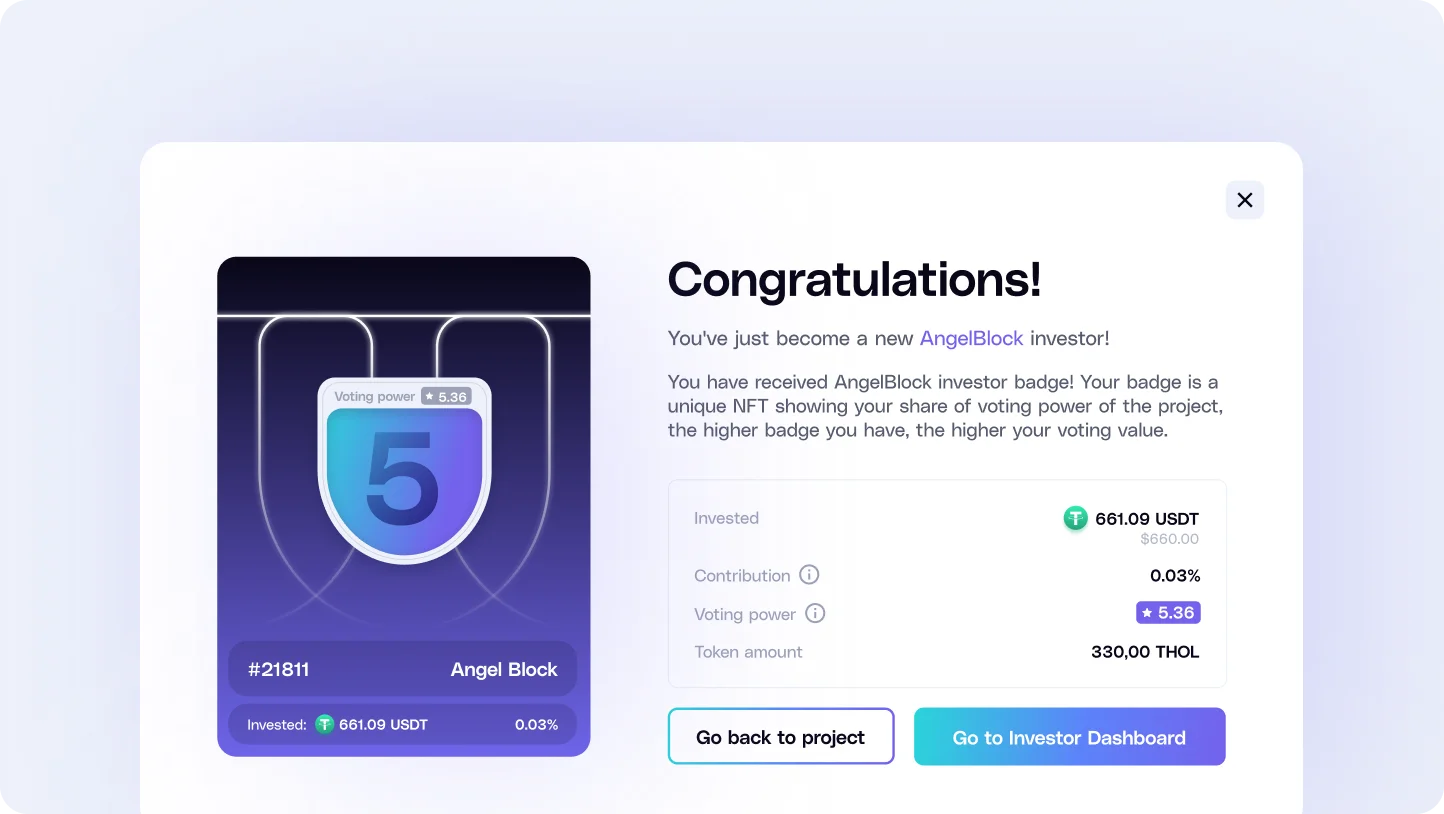 Digital badge displaying voting power 5.36 for Angel Block investor, alongside investment details and congratulatory message.
