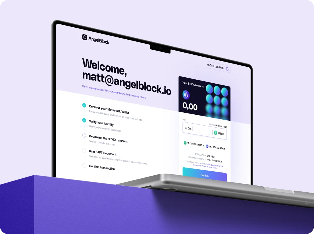 Laptop screen showing AngelBlock dashboard welcoming user matt@angelblock.io with steps to connect Metamask wallet, verify identity, determine #THOL amount, sign SAFT document, and confirm transaction.