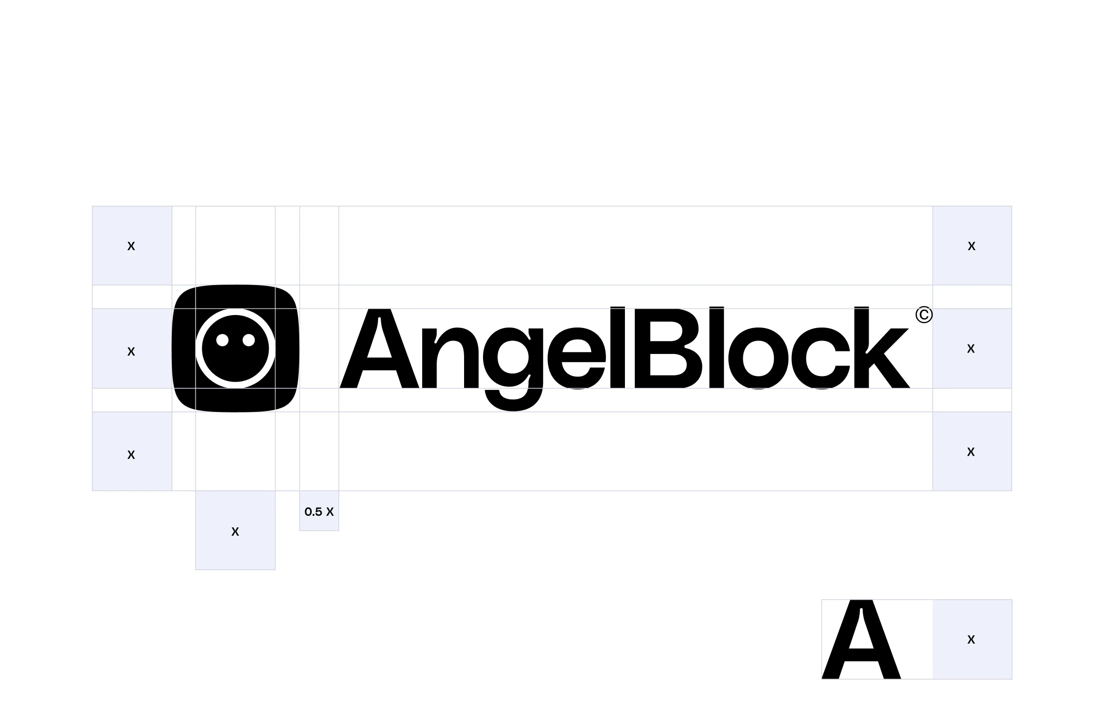 AngelBlock logo with a rounded square icon featuring a smiley face to the left of the brand name in bold black text.