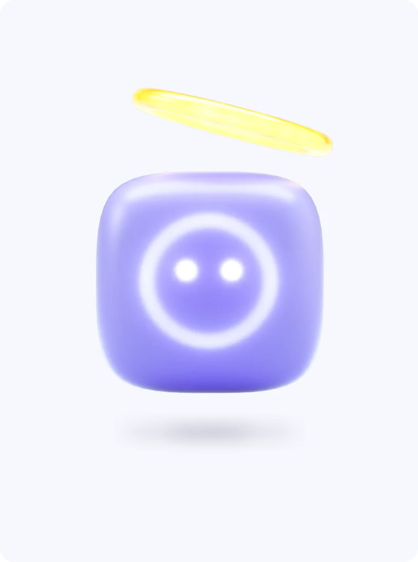 Purple rounded square with a white smiley face and a floating yellow halo above it.