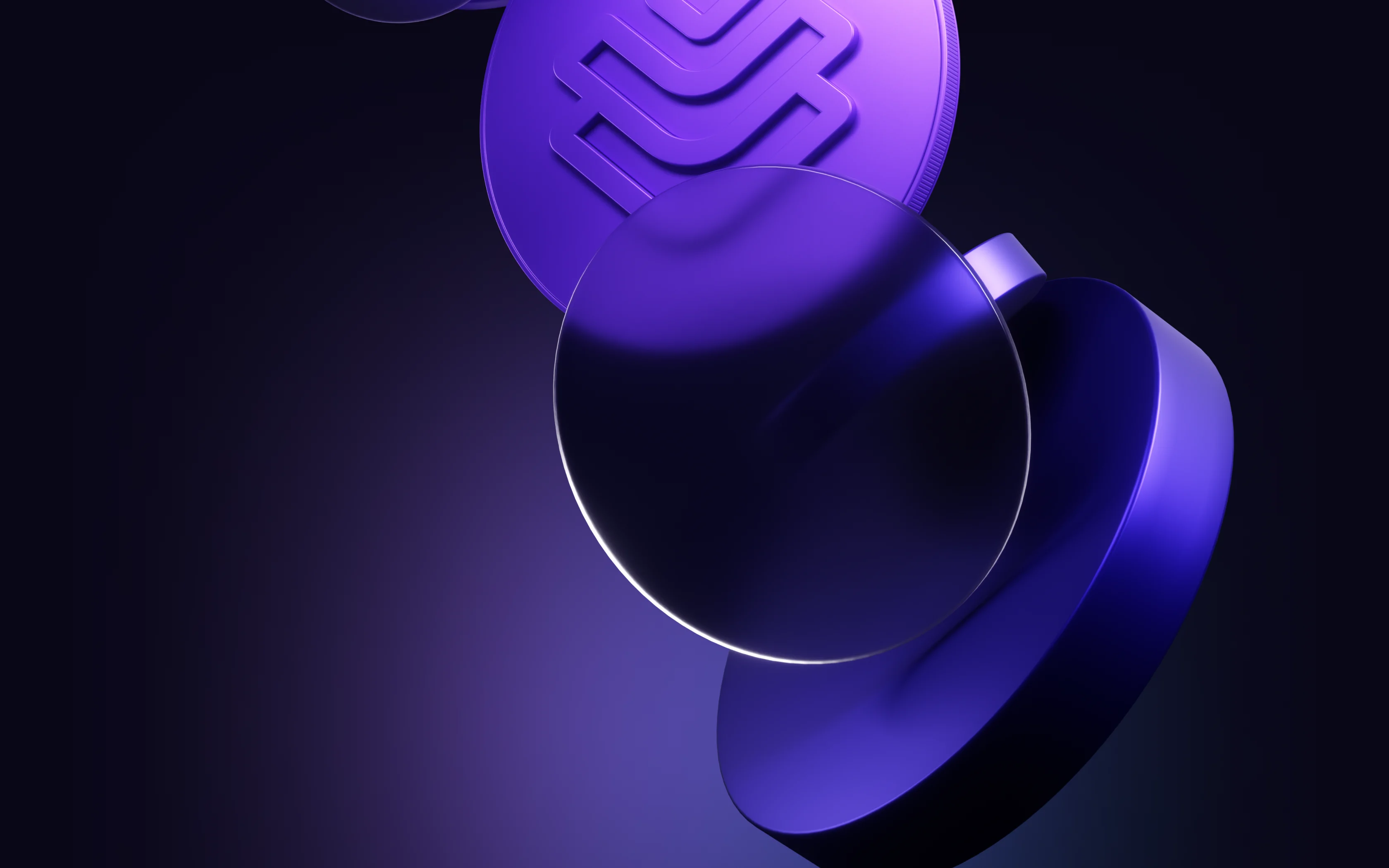 Three floating purple digital coins with a stylized geometric logo on a dark background.