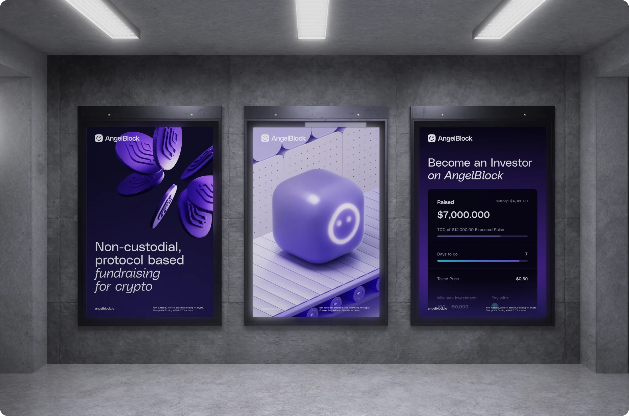 Three illuminated posters in a concrete room promoting AngelBlock crypto fundraising and investment platform.