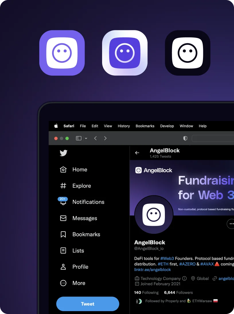 Three variations of the AngelBlock app icon above a Twitter profile page for AngelBlock, showing a dark interface with menu options and a fundraising post for Web3.
