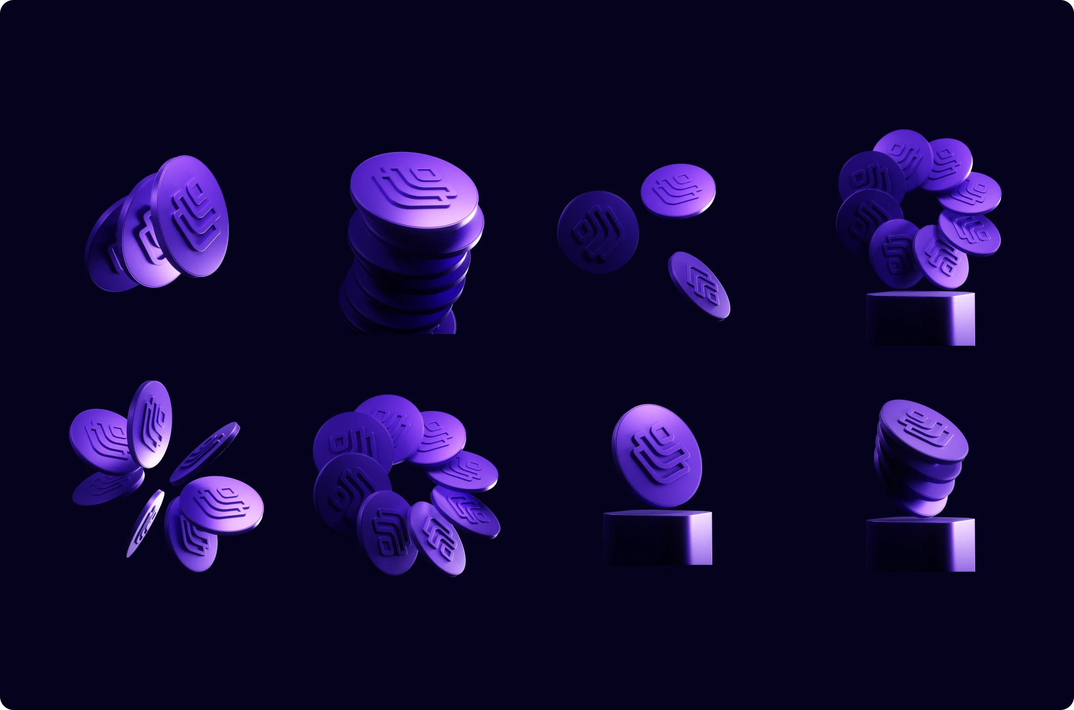 Eight arrangements of purple coins with embossed circuit-like designs floating or stacked against a dark background.