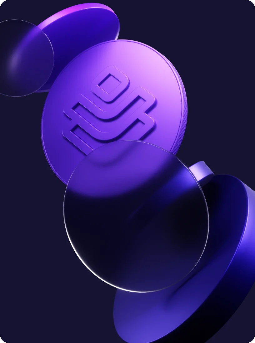 Purple 3D coins with a stylized connected square and lines symbol floating against a dark background.