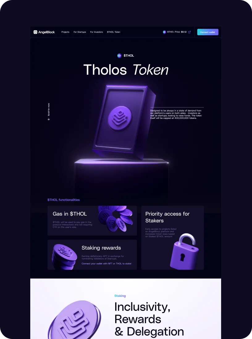 Dark themed webpage for Tholos Token ($THOL) showing a glowing token on a pedestal with sections about gas fees, staking rewards, and priority access for stakers.