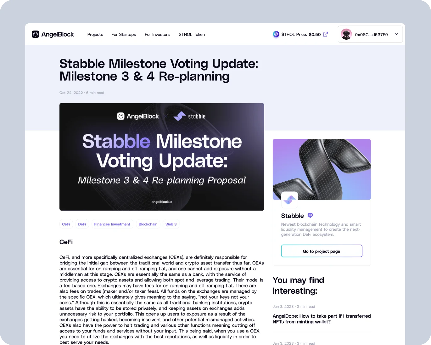 AngelBlock webpage displaying an article titled 'Stabble Milestone Voting Update: Milestone 3 & 4 Re-planning' with detailed text about CeFi and a side panel about Stabble blockchain technology.
