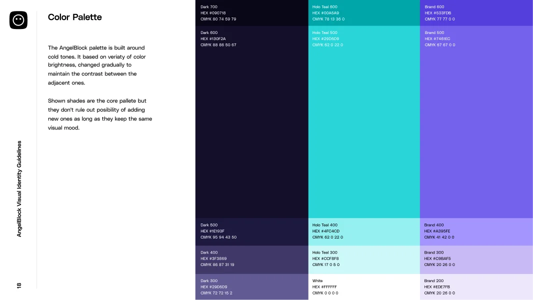 AngelBlock color palette showing cold tones with HEX and CMYK codes for Dark, Holo Teal, and Brand shades arranged in a grid.