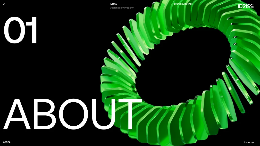 Green translucent rotating ring shape on black background with large white text reading '01 ABOUT'.