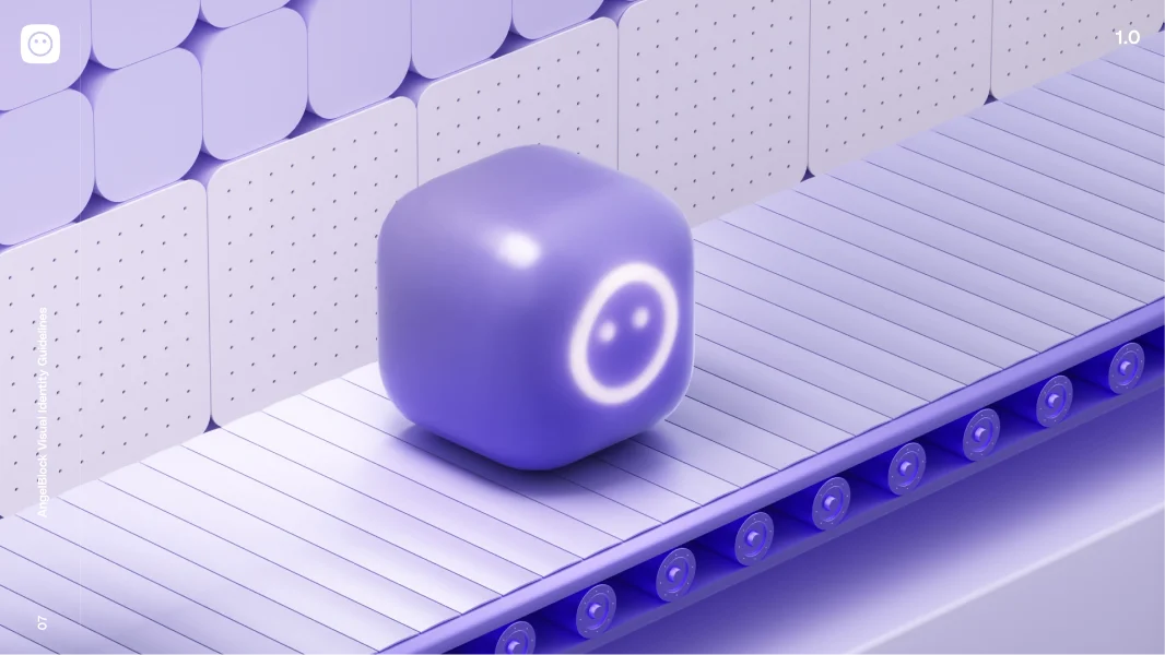 Purple rounded cube with a glowing smiley face symbol on a conveyor belt in a futuristic setting.