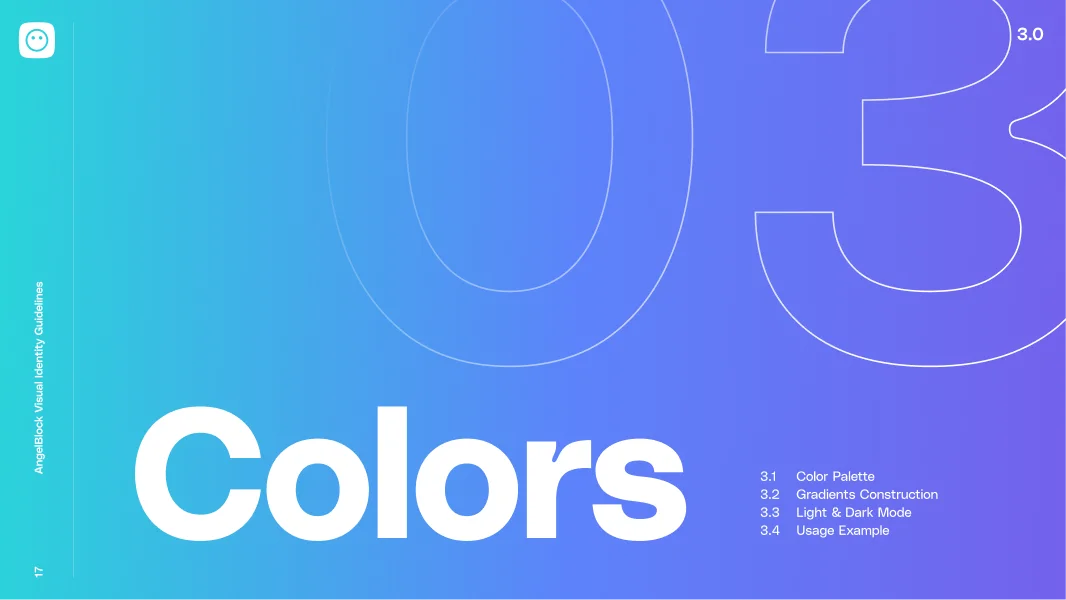 Gradient blue to purple background with large text 'Colors' and section numbers for Color Palette, Gradients Construction, Light & Dark Mode, and Usage Example.