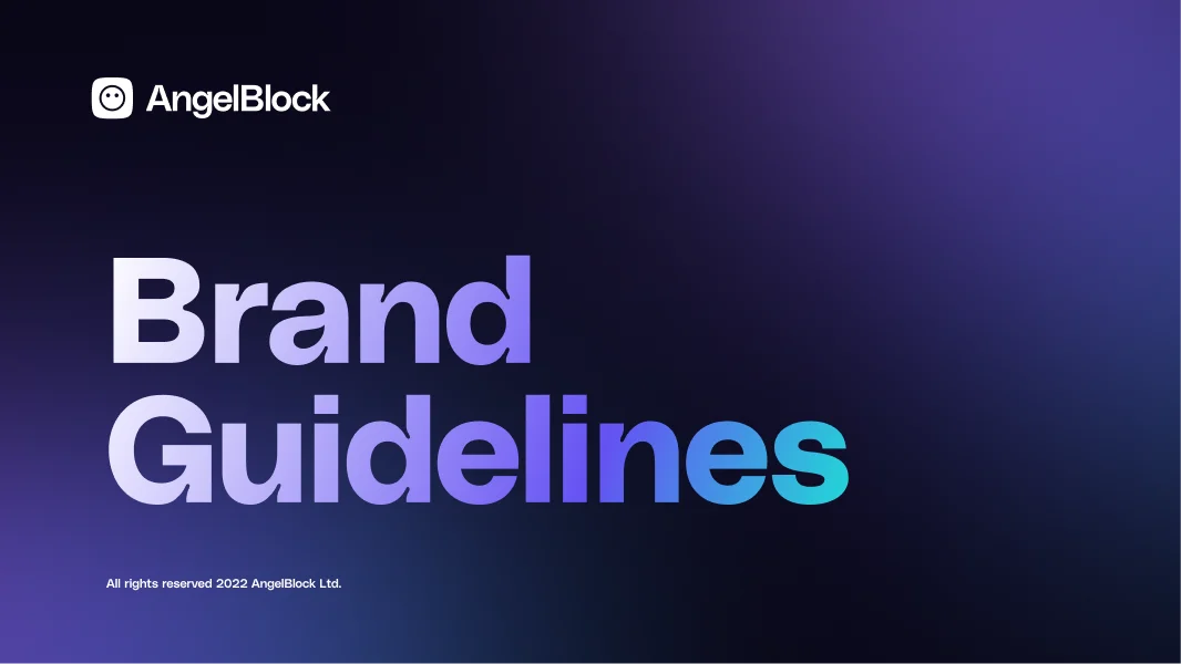 AngelBlock logo and text reading 'Brand Guidelines' with a purple gradient background.