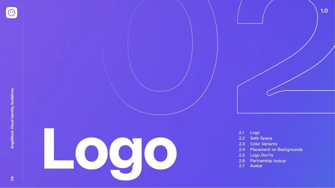 Purple slide showing AngelBlock Visual Identity Guidelines chapter 2 with large 'Logo' text and contents list including logo, safe space, color variants, background placement, logo don'ts, partnership lockup, and avatar.