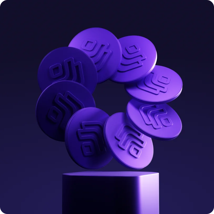 Circle of purple digital tokens with embossed symbols floating above a purple pedestal against a dark background.