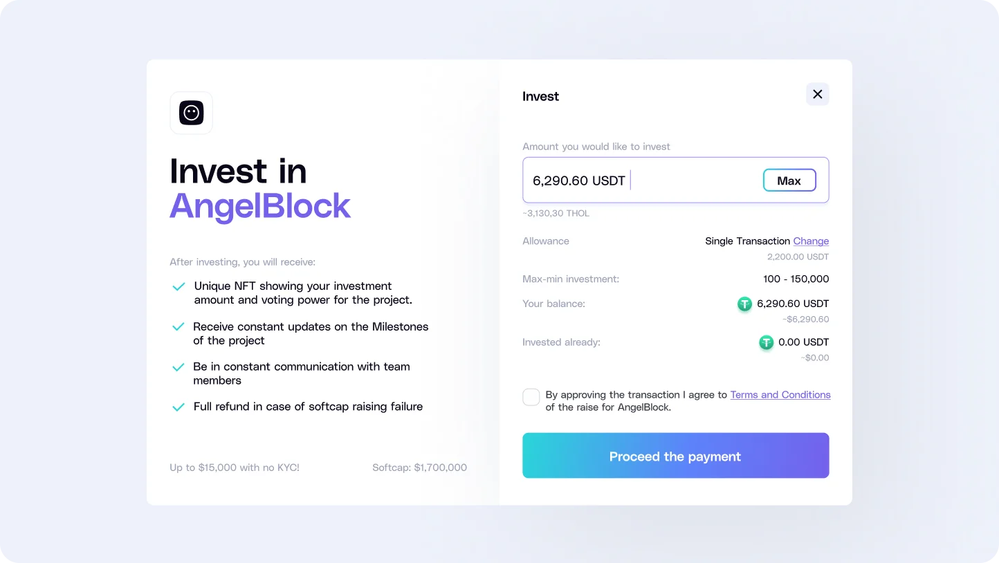 AngelBlock investment interface showing an investment amount of 6,290.60 USDT, max-min investment range, balance details, and benefits including an NFT, project updates, team communication, and refund policy.