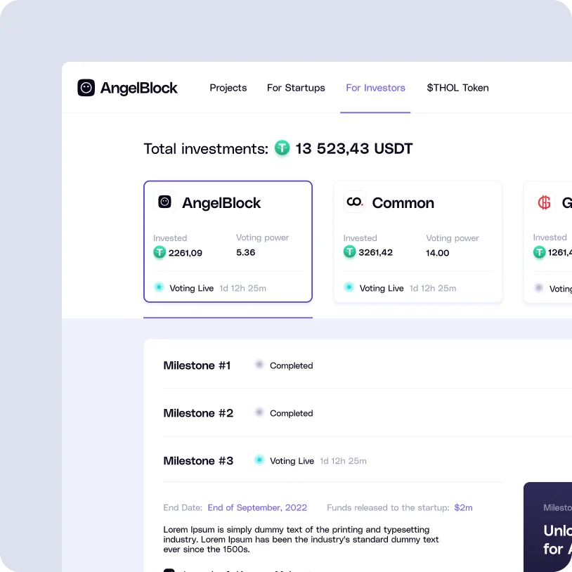 AngelBlock investor dashboard showing total investments of 13,523.43 USDT, with investment details and voting power for AngelBlock, Common, and other projects, plus milestone statuses and end date in September 2022.