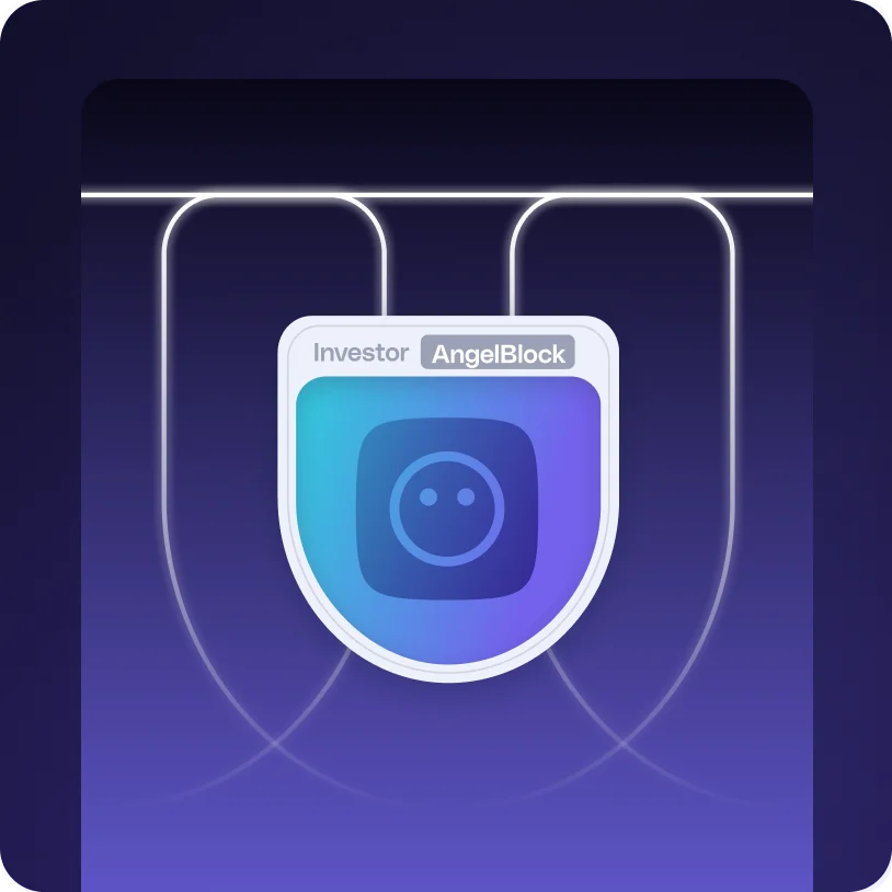 Illustration of a digital badge labeled 'Investor AngelBlock' with a central icon resembling a smiley face against a dark blue gradient background.