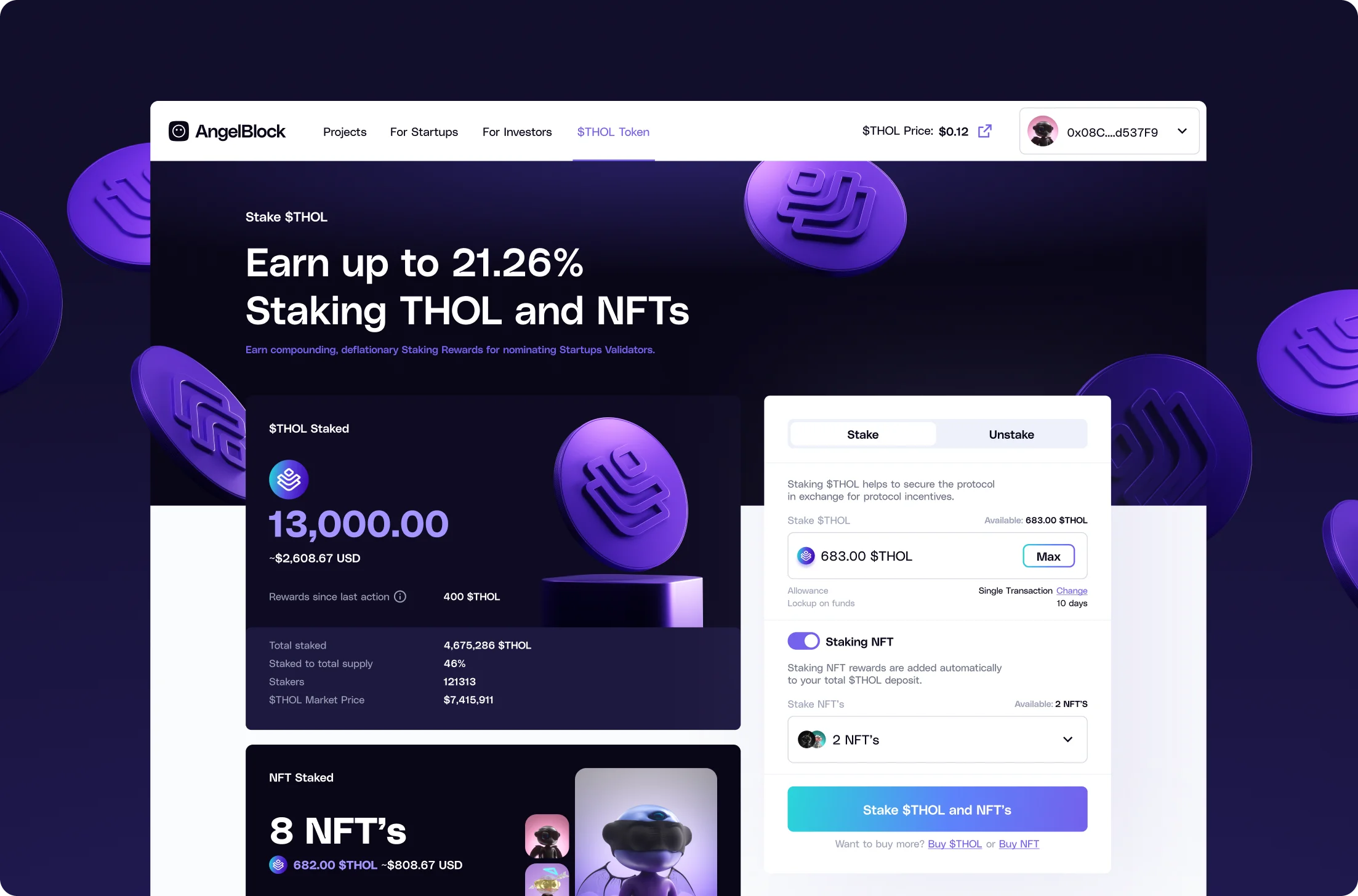 AngelBlock staking dashboard showing 13,000 $THOL staked worth about $2,608.67 USD, 8 NFTs staked worth 682 $THOL or $808.67 USD, and options to stake or unstake $THOL and NFTs with current balance and staking rewards information.