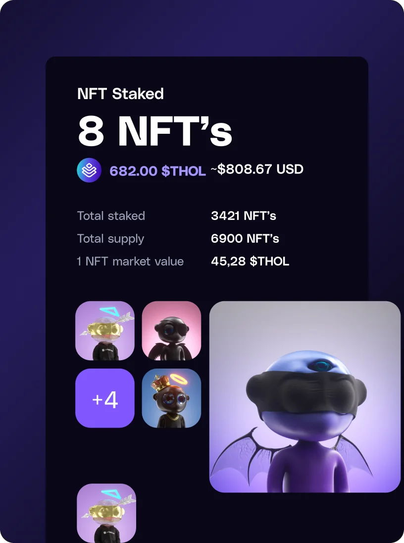 Dashboard showing 8 NFTs staked worth 682 $THOL or approximately $808.67 USD, with total staked NFTs at 3421, total supply 6900 NFTs, and market value of 1 NFT at 45.28 $THOL; includes small icons of four different NFTs and a larger image of a purple character with wings wearing a black visor.