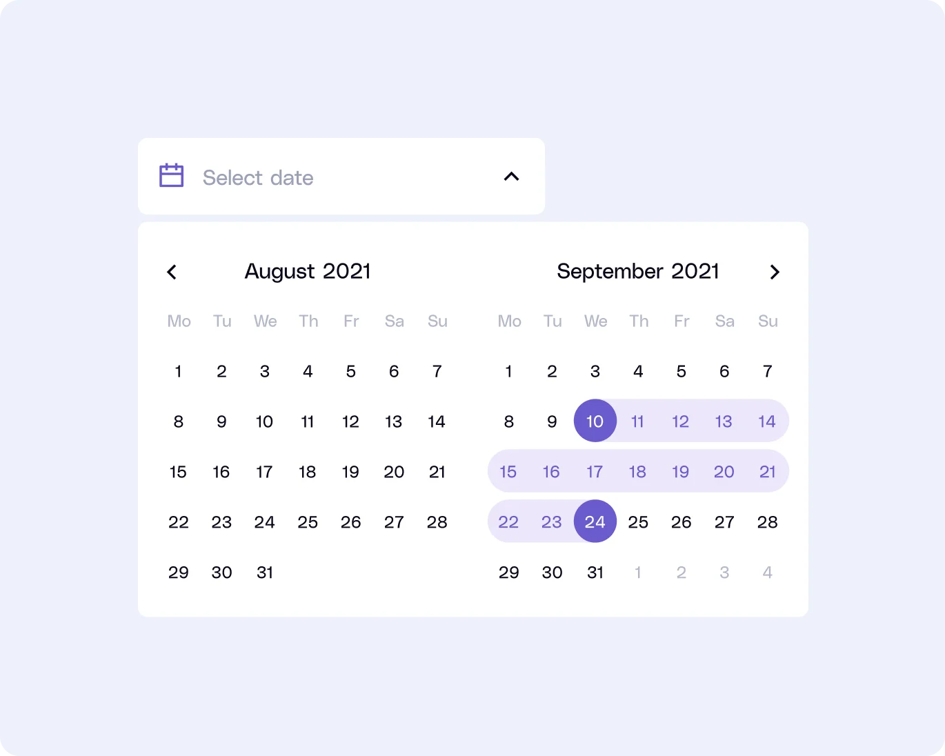 Interactive calendar widget showing dates for August and September 2021 with the 10th and 24th of September highlighted and a date range selected from September 11 to 14, 15 to 21, and 22 to 23.