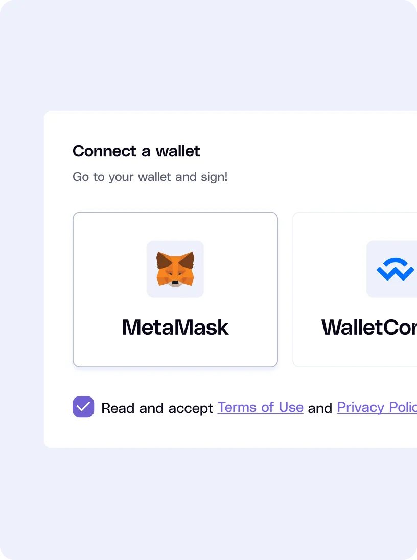 Interface prompt to connect a wallet with options including MetaMask and WalletConnect, plus a checked box to accept Terms of Use and Privacy Policy.