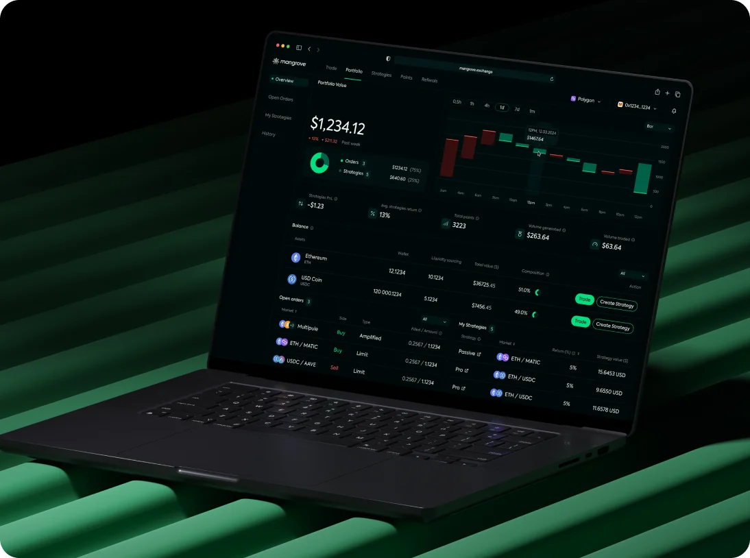 Black laptop displaying a dark-themed financial dashboard with cryptocurrency portfolio data, including portfolio value, open orders, balances, and a bar chart.