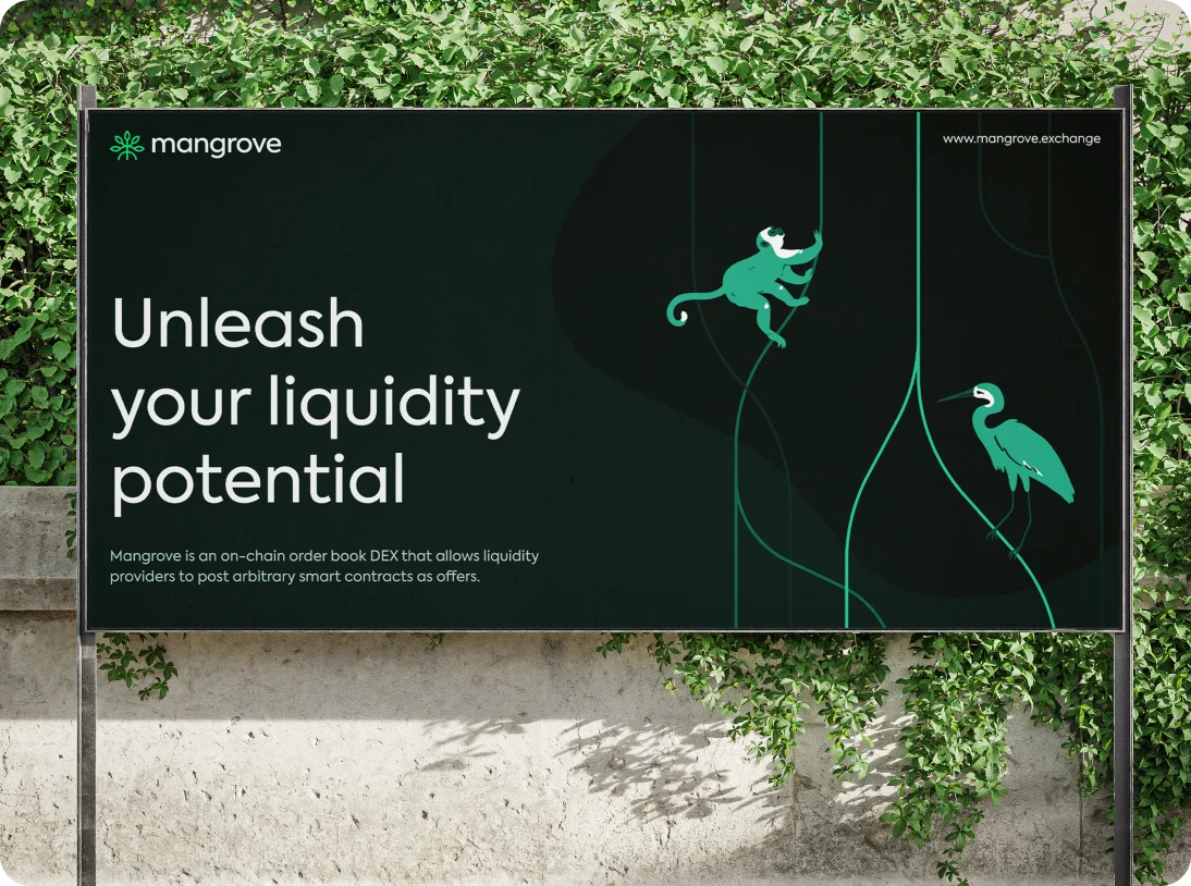 Billboard with Mangrove logo and slogan 'Unleash your liquidity potential' alongside illustrations of a monkey and a bird on dark background.