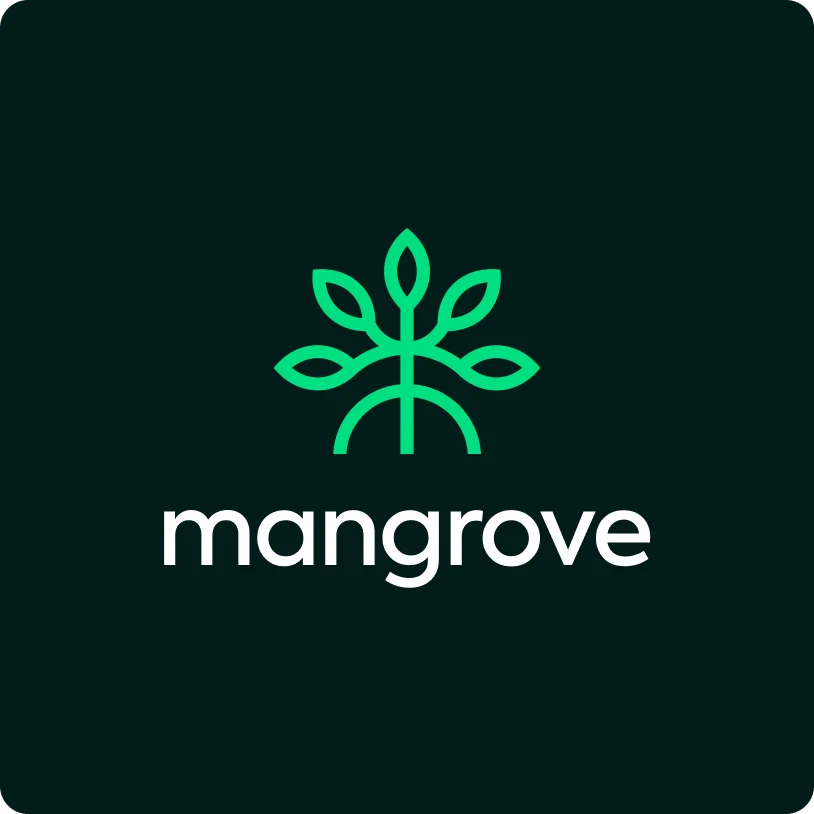 Green stylized mangrove plant icon above the word 'mangrove' on a dark background.