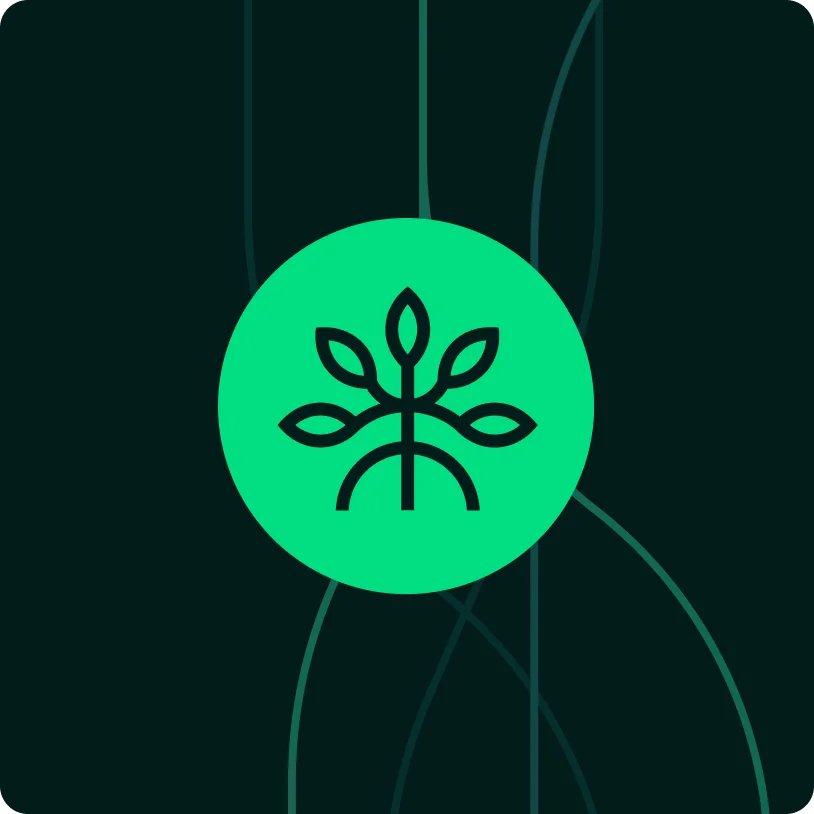 Green circle with a minimalistic black plant icon featuring a stem and six leaves on a dark background with abstract curved lines.