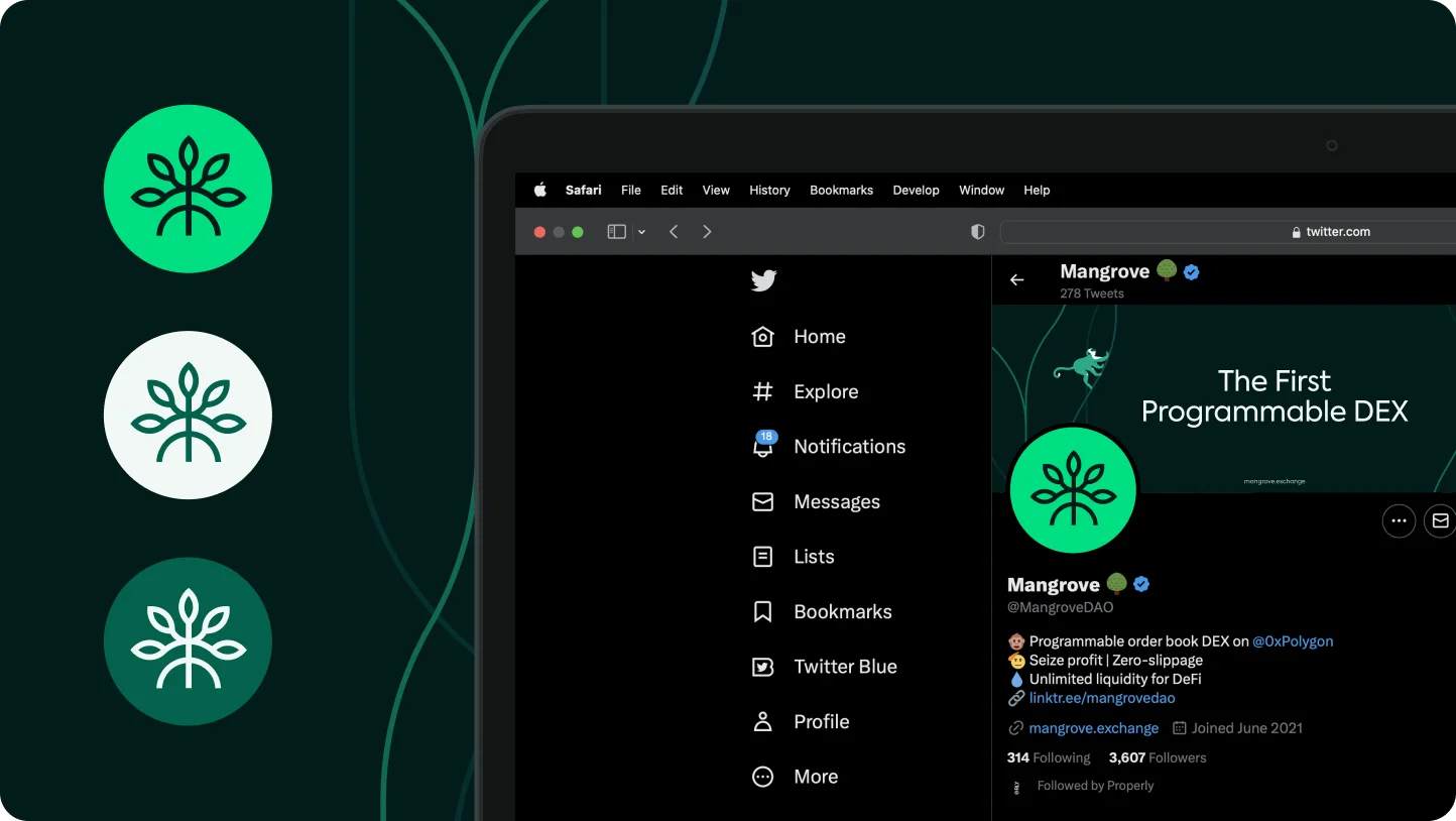 Twitter profile page of Mangrove DAO showing the logo, bio about programmable order book DEX on Polygon, and menu options on the left.
