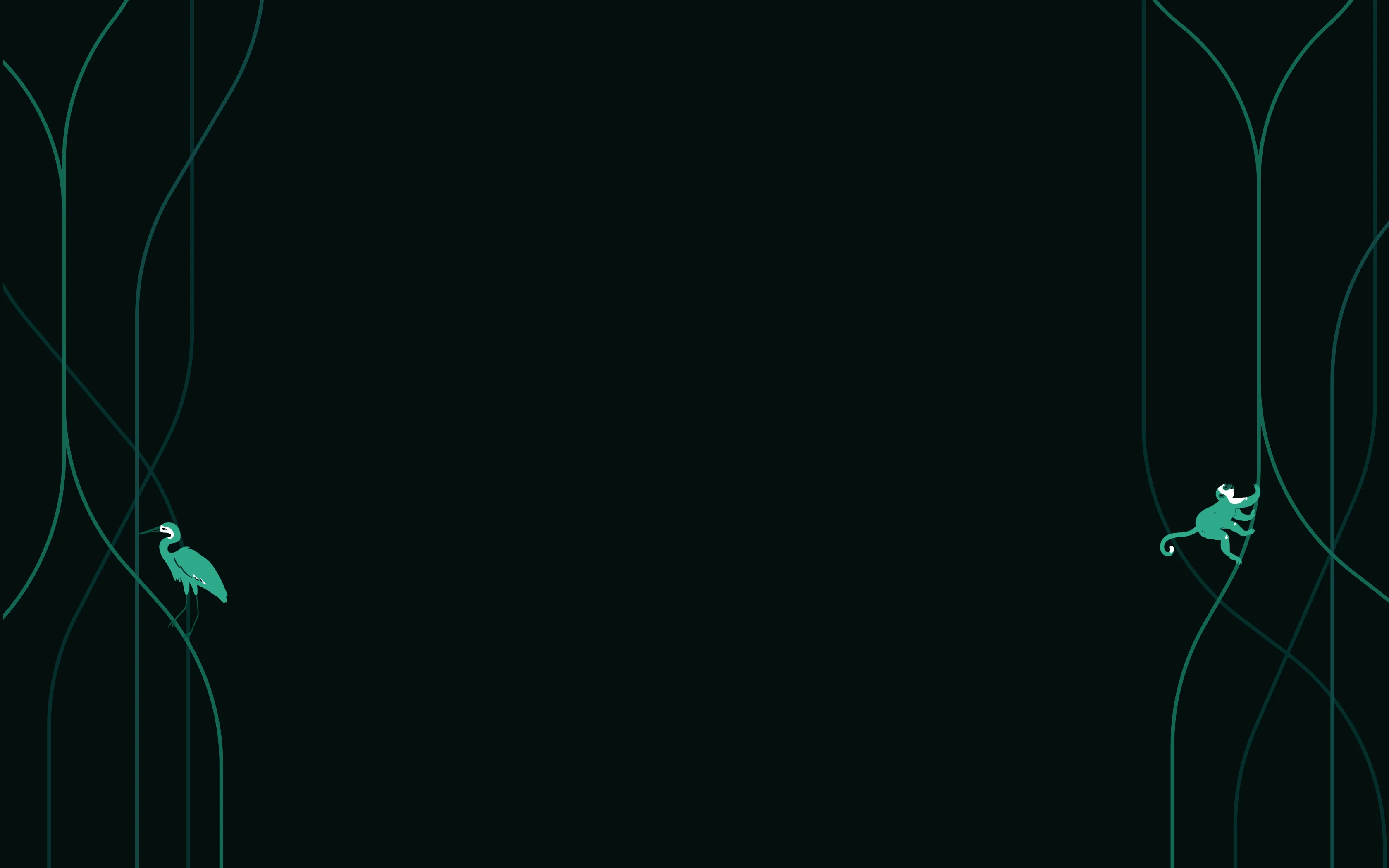 Minimalist illustration of a green bird on the left and a green monkey climbing on the right, against a dark background with abstract curved lines.