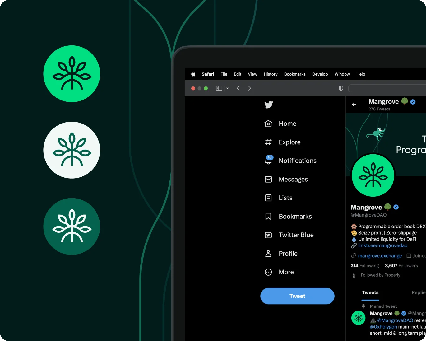Close-up of a laptop screen showing a dark-mode Twitter profile for MangroveDAO with a green mangrove tree logo, accompanied by three variations of the logo on the left side.