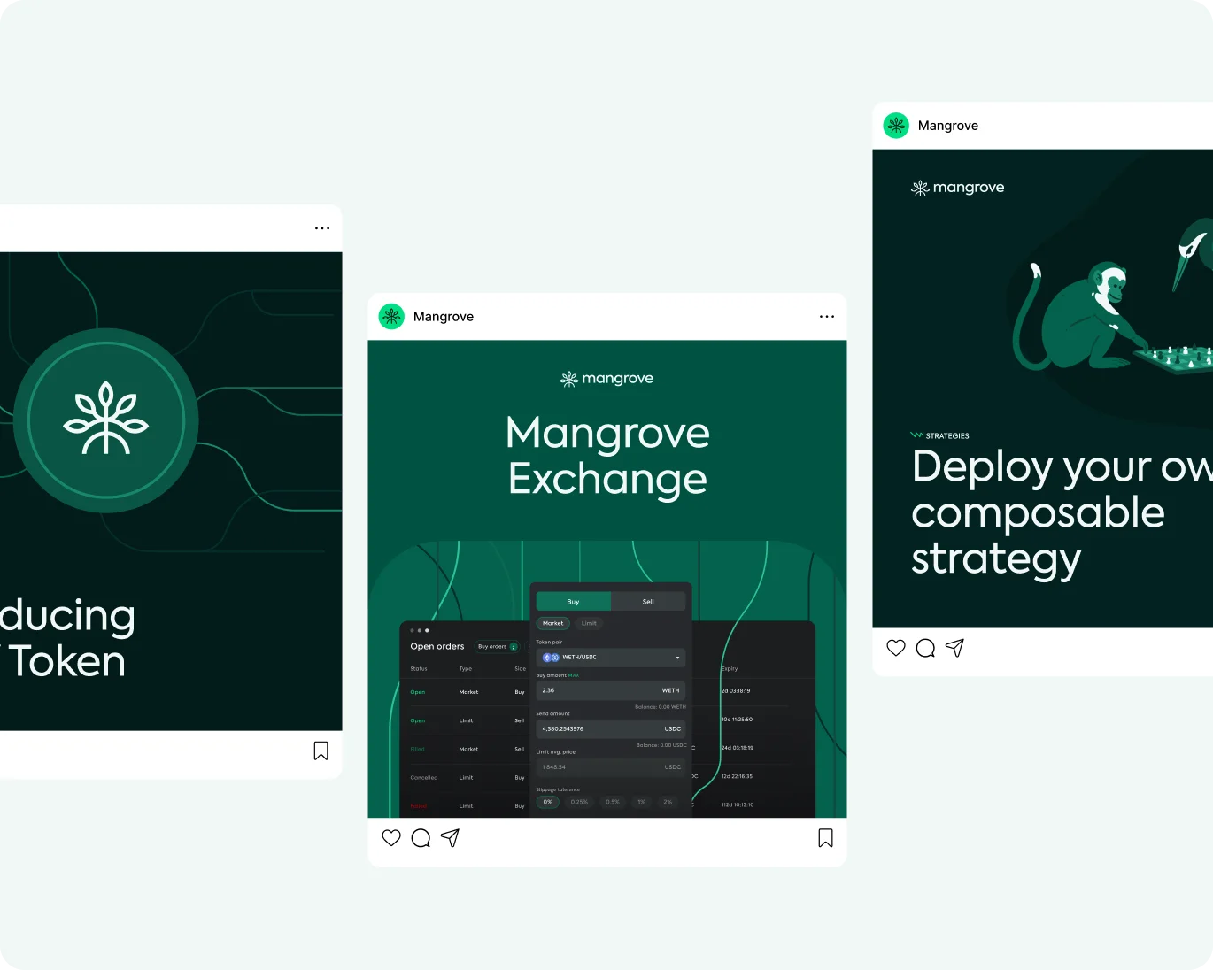 Three social media posts for Mangrove including a logo, Mangrove Exchange interface, and a post about deploying a composable strategy with illustrations.