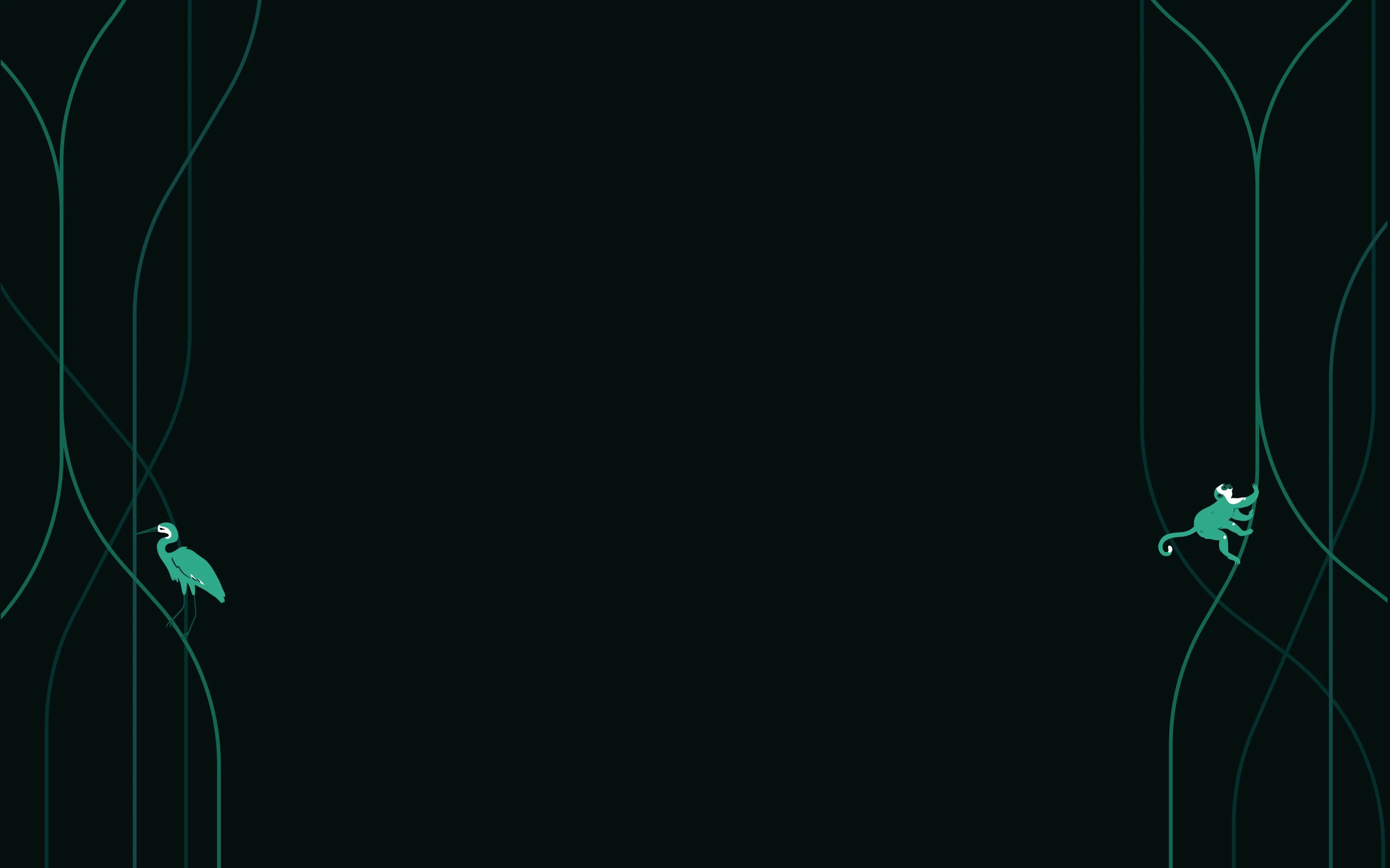 Minimalist illustration of a green heron on the left and a green monkey climbing on the right, both set against a dark background with thin, curving green lines.