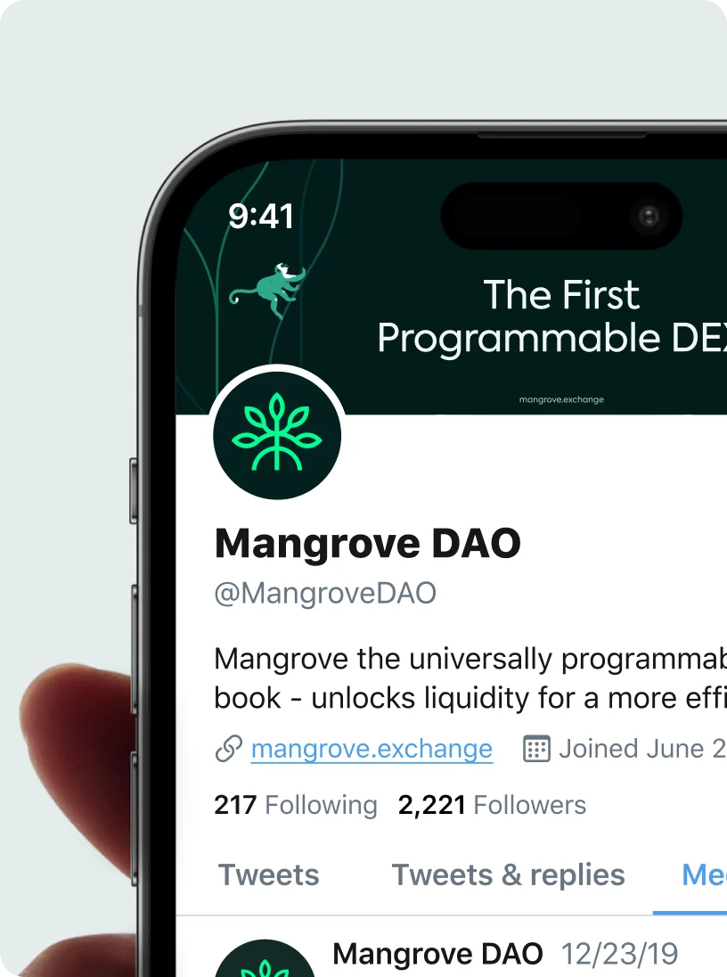 Close-up of a smartphone screen showing the Twitter profile of Mangrove DAO with 2,221 followers and a description about a universally programmable order book.