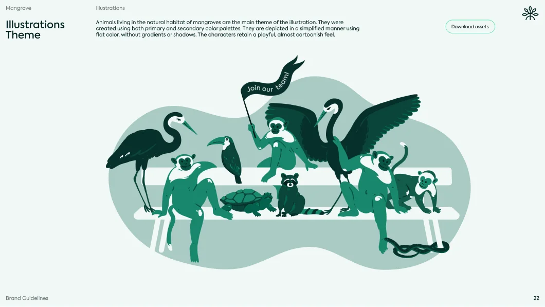 Illustration showing mangrove animals including birds, monkeys, a turtle, and a lemur on a bench with a playful, cartoonish style.