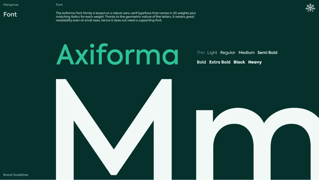 Typography guide showcasing the Axiforma font family with text samples in various weights from Thin to Heavy on a dark green background.
