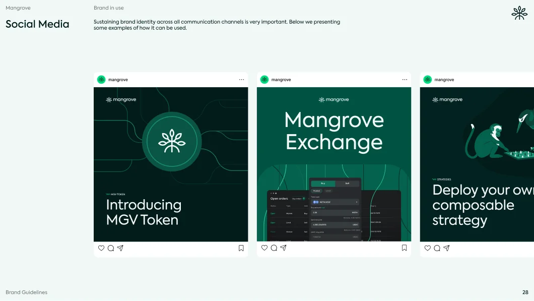 Social media brand use examples for Mangrove showing posts about introducing MGV Token, Mangrove Exchange, and deploying composable strategy with illustrations.