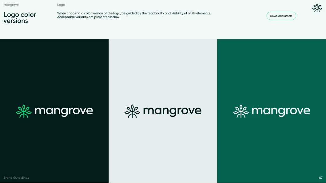 Three color versions of the Mangrove logo: green icon with white text on dark background, black icon with black text on light background, white icon with white text on dark green background.