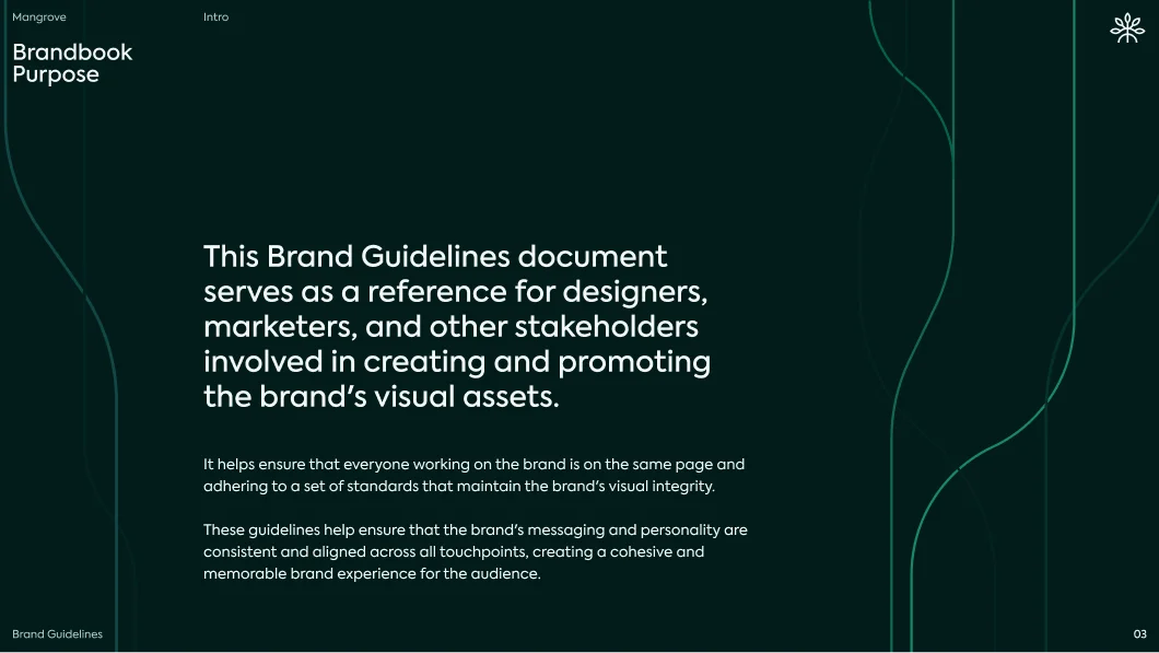 Dark green background with white text explaining the purpose of a Brand Guidelines document as a reference for designers, marketers, and stakeholders to maintain brand visual integrity and consistency.