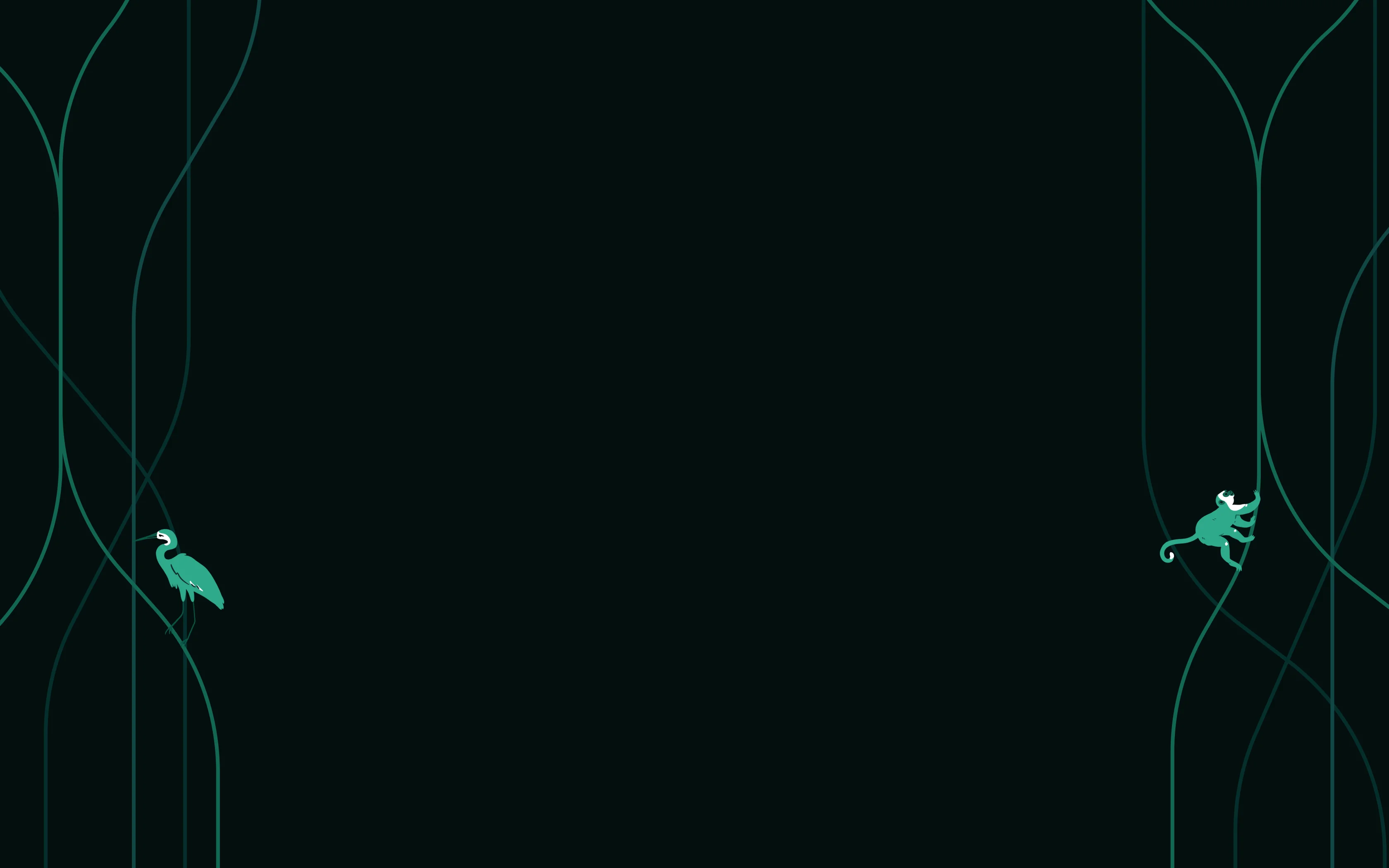 Minimalist dark background with thin teal lines forming abstract tree branches, featuring a small teal heron on the left and a teal monkey climbing on the right.