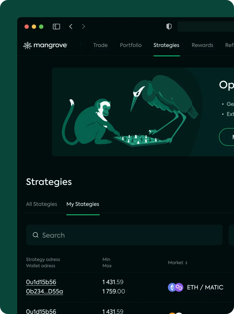 Screenshot of Mangrove platform’s Strategies page showing a monkey and bird illustration playing chess, with a list of strategies including addresses, minimum and maximum values, and ETH/MATIC market pair.