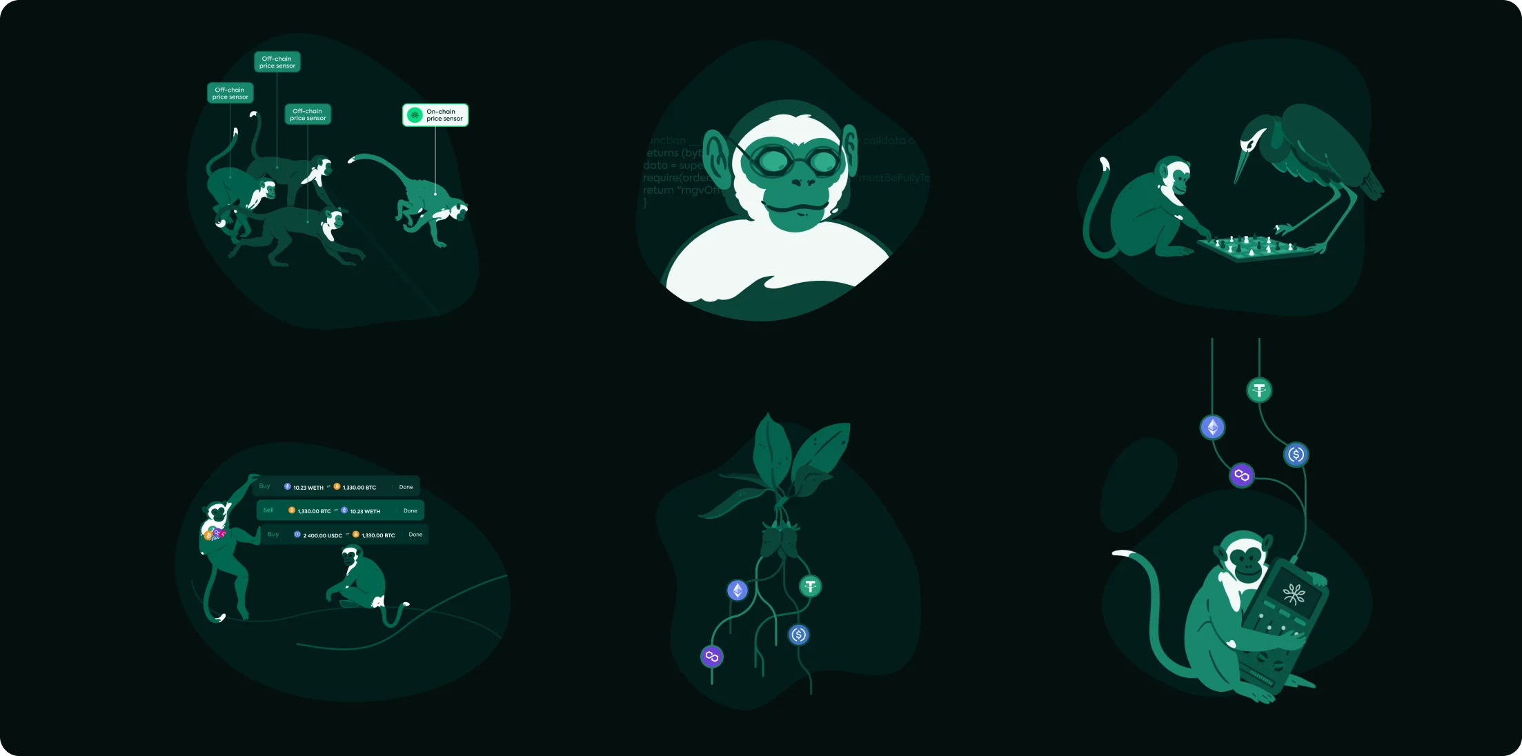 Illustrations of monkeys interacting with blockchain concepts, including on-chain and off-chain price sensors, trading interfaces, chess game with a bird, and cryptocurrency symbols around plants and a handheld device.