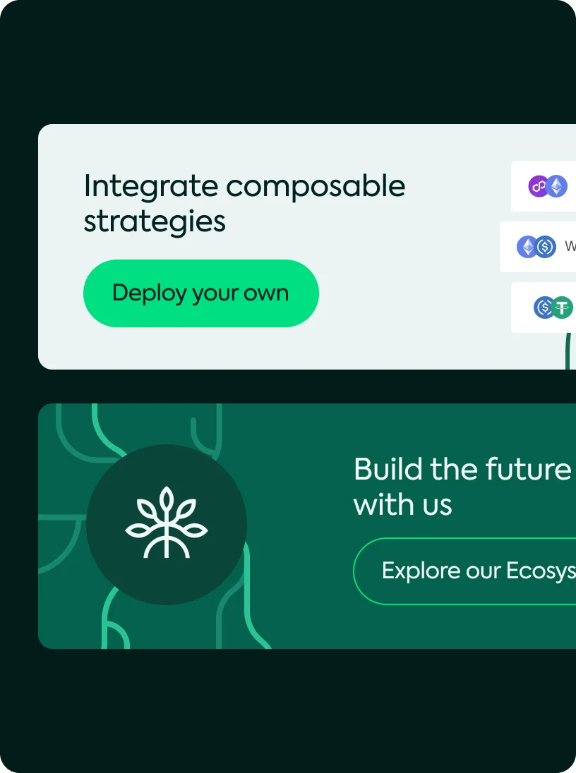 User interface panel showing options to integrate composable strategies with a 'Deploy your own' button and another panel inviting to build the future with a button labeled 'Explore our Ecosystem'.